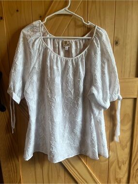 JM Collection White Textured Tie-Sleeve Blouse Size XL Linen Look Summer Boho